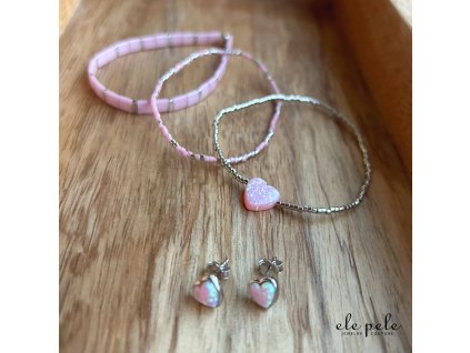 set Miyuki trio na gumicce Opal Heart pink silver nausnice