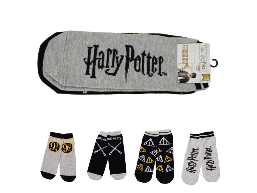 Ponožky HARRY POTTER šedo-černé, 4 páry - různé velikosti (Méret 35 - 38)