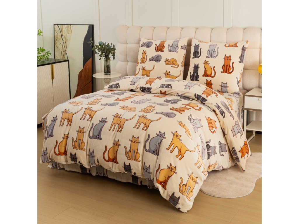 Mikroplüss ágyneműhuzat COLORED CATS krémszínű