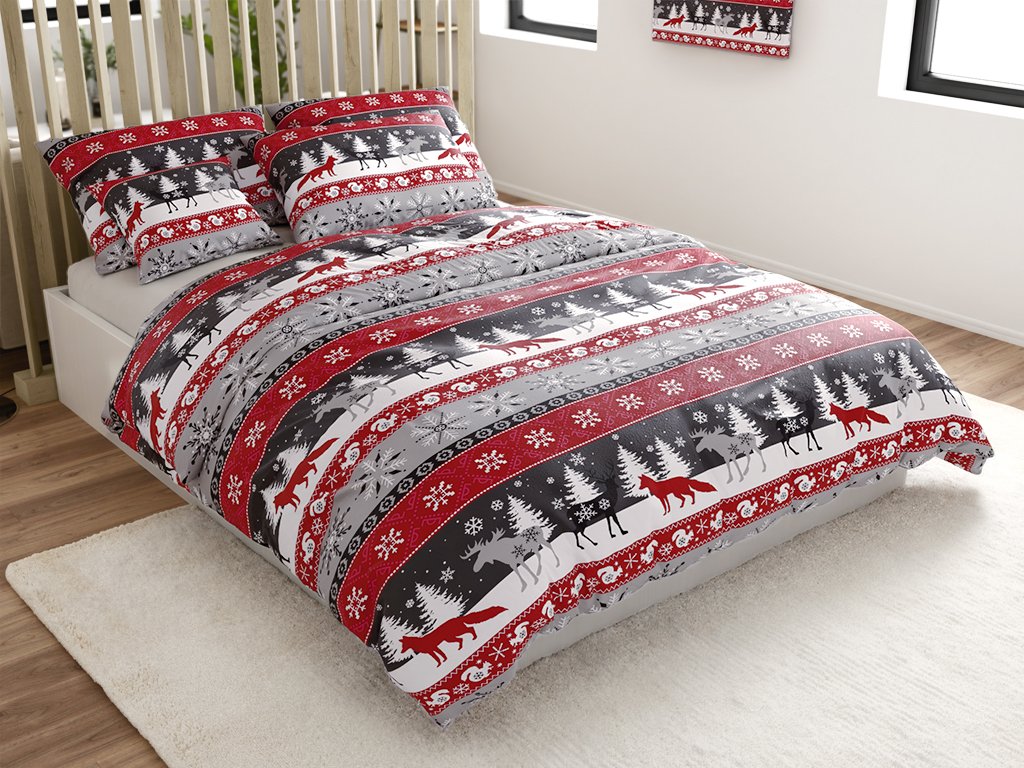 Vánoční povlečení mikroplyš SNOWY FOREST šedé s motivem lesa