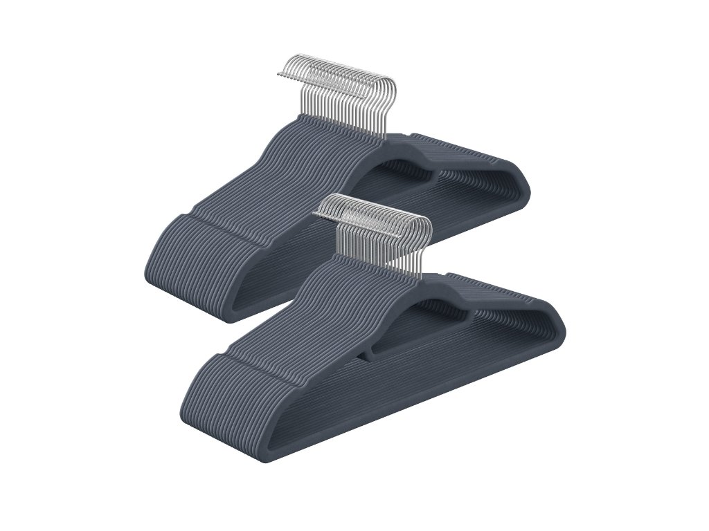 Ramínko na oblečení s šedým velurem, protiskluzový povrch, sada 20 ks