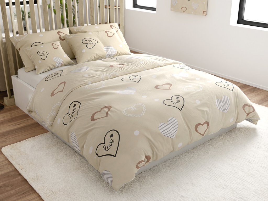 Bavlněné povlečení DEAMON béžové s motivem srdcí