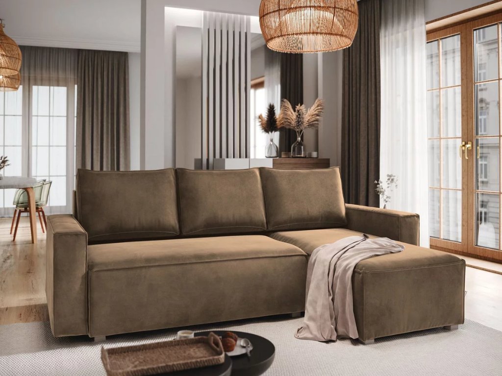 Világosbarna kihúzható sarokkanapé CAVELO, kétoldalas