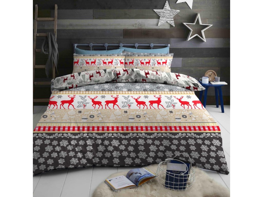 Flanelové povlečení CHRISTMAS TIME s motivem jelenů a vloček