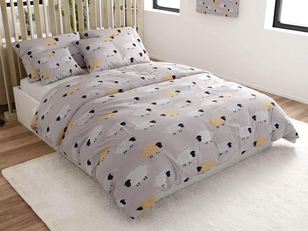 Šedé povlečení SHEEP DREAM z mikrovlákna s motivem oveček