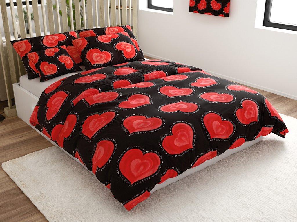 Černé povlečení VALENTINE s červenými srdci – polybavlna na dvě postele