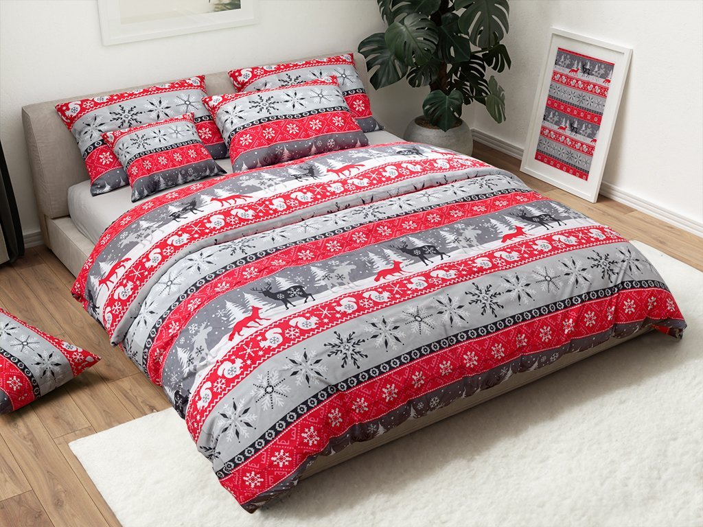 Flanelové povlečení z mikrovlákna SNOWY FOREST šedé se zimním motivem