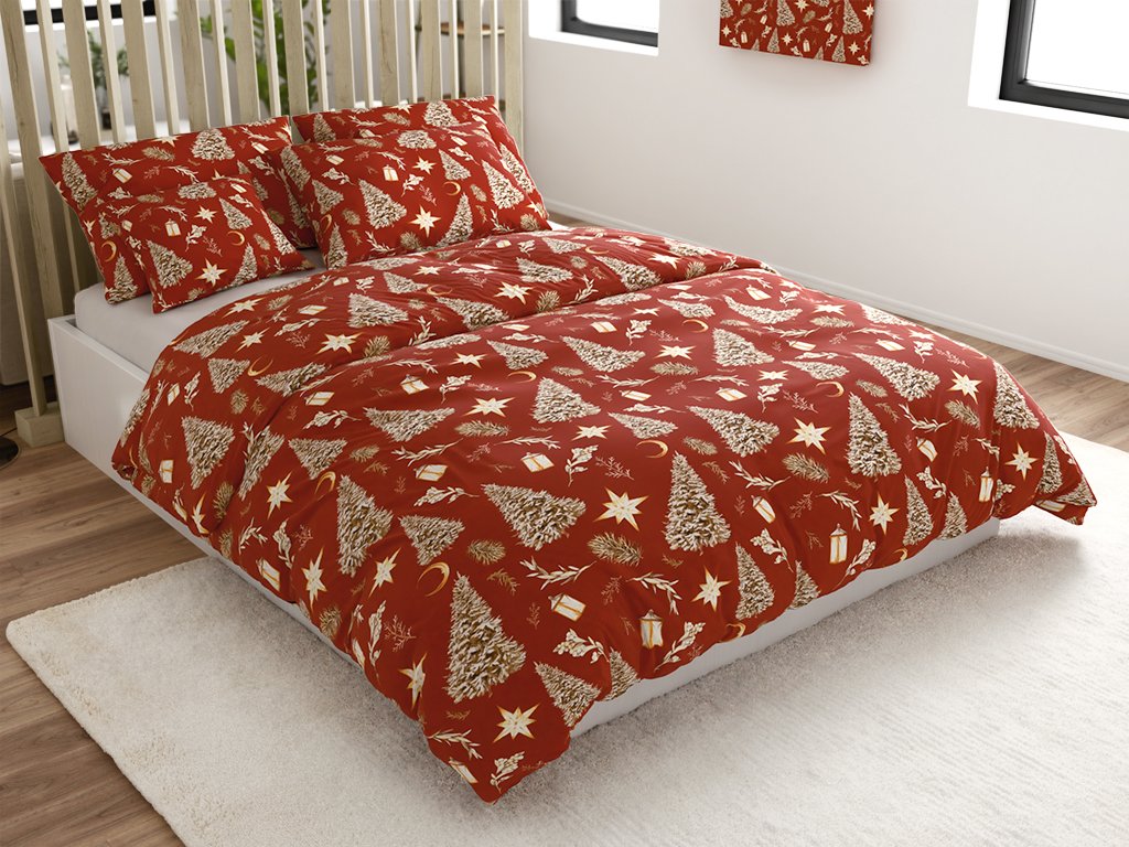 Povlečení z mikrovlákna GOLD CHRISTMAS červené – vánoční stromky a hvězdy