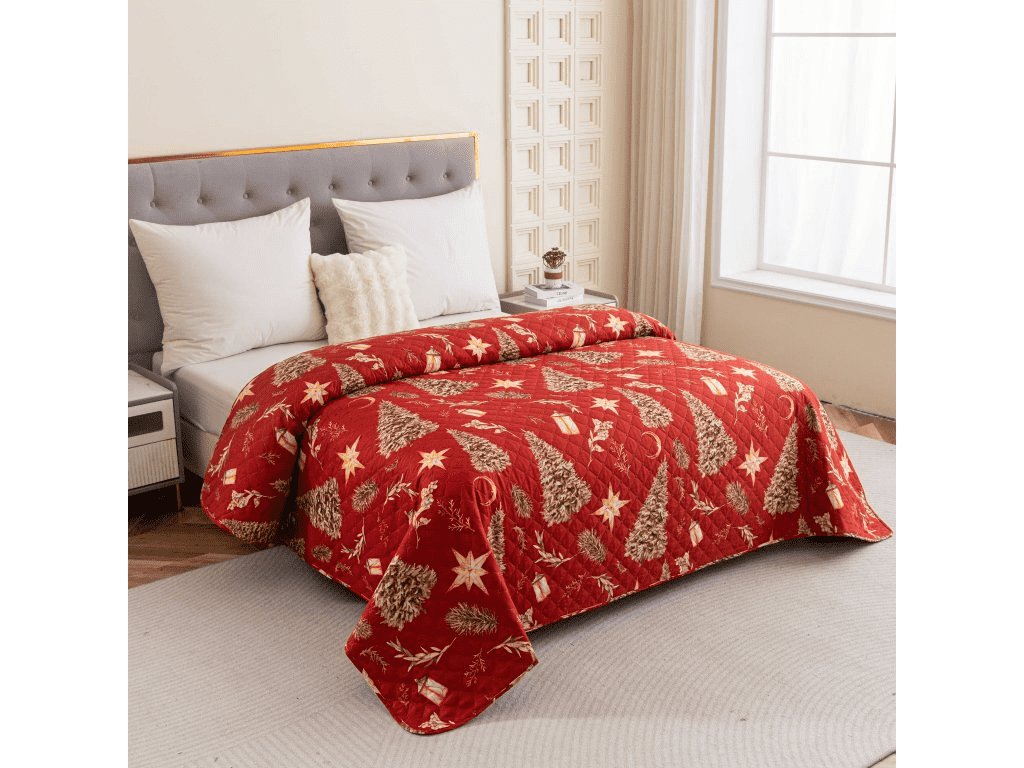 Přehoz na postel GOLD CHRISTMAS – červený vánoční motiv