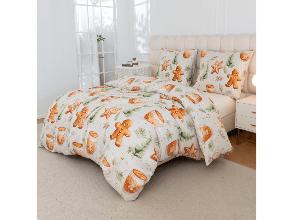 Bílé povlečení z mikrovlákna WINTER GINGERMAN s perníčky