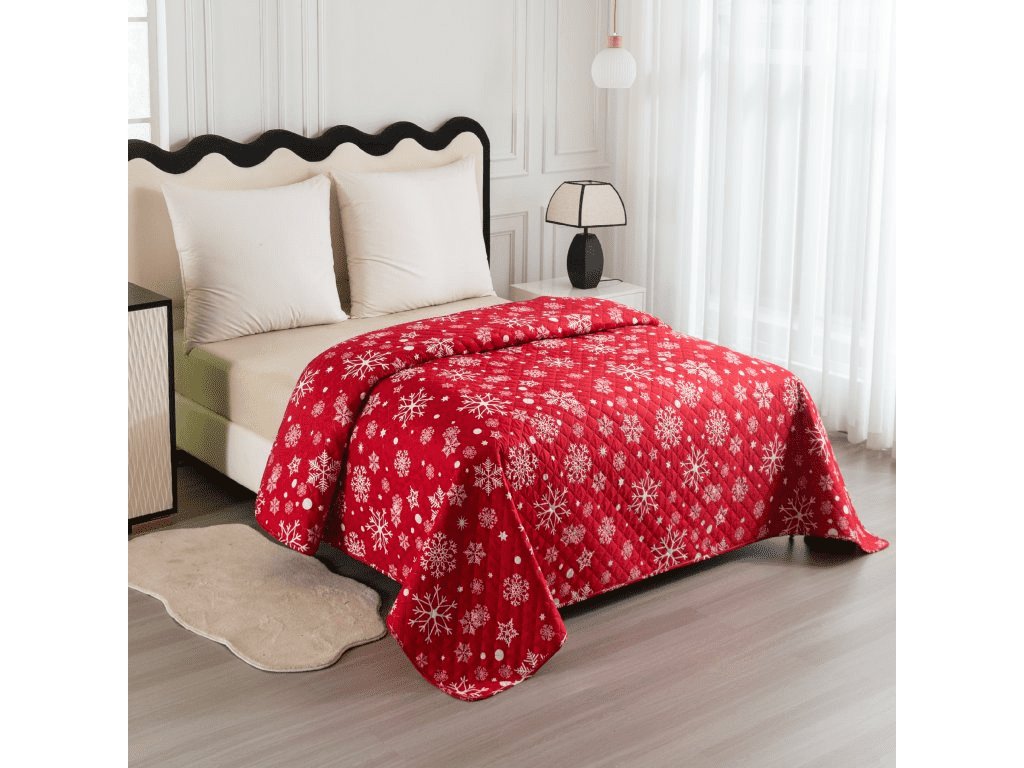 Vánoční přehoz na postel SNOWFALL červený s vločkami