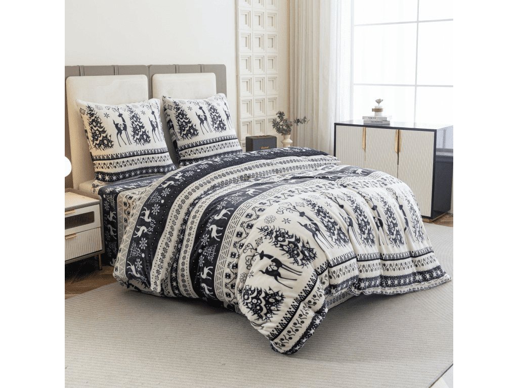 Povlečení mikroplyš WINTER DEER šedé s motivem sobů a vloček
