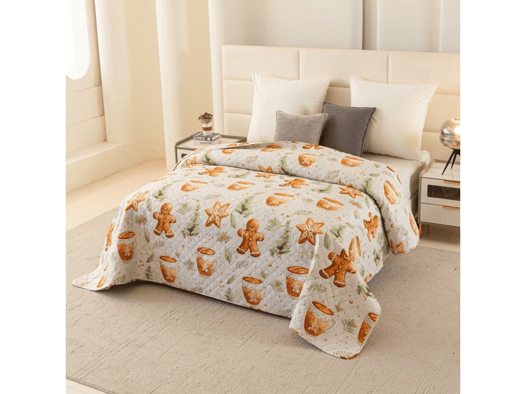 Vánoční přehoz na postel WINTER GINGERMAN bílý s motivem perníčků
