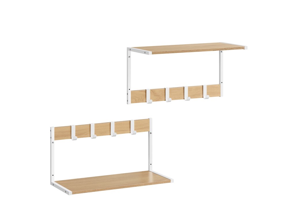 Nástěnná police s háčky VELORY 2 ks bílá/dub sonoma do předsíně