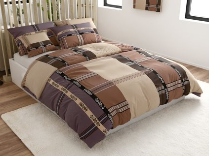 Bavlněné povlečení DANIELA béžové s pruhy a kostkovaným vzorem