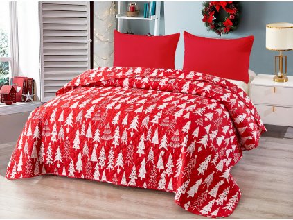 Červený přehoz na postel CHRISTMAS TREES (Méret 220 x 240 cm)