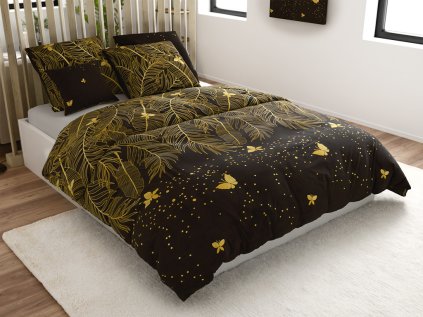 Povlečení z mikrovlákna VISATA černé s motivem zlatých listů a motýlů