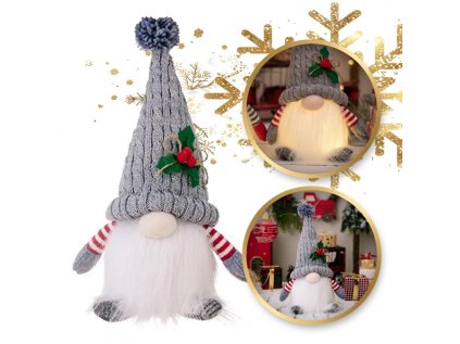 Svítící vánoční trpaslík FROSTIE 28 cm, šedý s pletenou čepicí