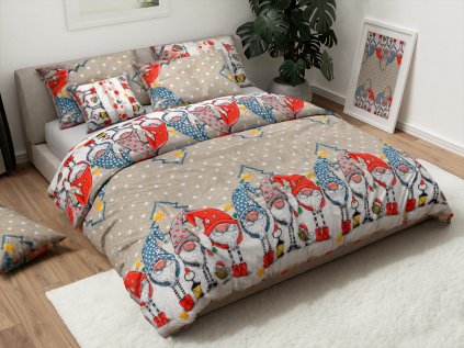 Vánoční povlečení mikroplyš GNOME béžové s motivem skřítků