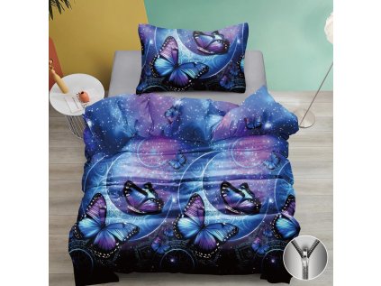 Magické bavlněné povlečení MOTÝLCI NA MĚSÍČKU modré s motivem motýlů
