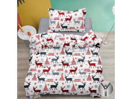 Bavlněné povlečení MERRY CHRISTMAS DEER bílé s motivem jelenů pro vánoční atmosféru.