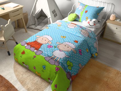 Bavlněné povlečení do postýlky OVEČKY modré s ovečkami