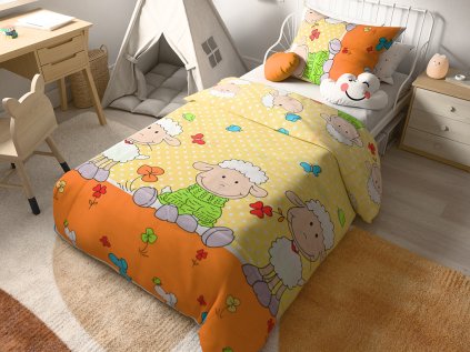 Kvalitní žluté povlečení OVEČKY do postýlky z bavlny