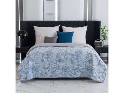 Stylový přehoz na postel se vzorem FLOWERS modrý pro moderní interiéry