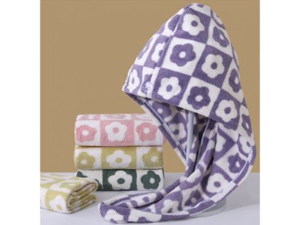 Turban na vlasy BLOOMY z mikrovlákna, fialový s květinovým vzorem