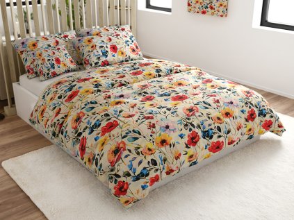 Krémové bavlněné povlečení FLOREEN s květinovým vzorem