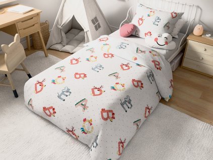 Povlečení do postýlky ABECEDA bílé – hravý motiv a jemná Renforcé bavlna