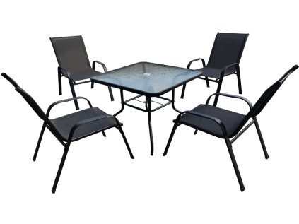 Zahradní set TAVERNO 1 + 4 – stylové posezení s pevnou konstrukcí, skleněným stolem a pohodlnými židlemi, ideální na terasu i zahradu.