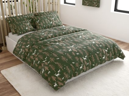 Povlečení z mikrovlákna OAK DEER – tmavě zelený lesní motiv s jeleny