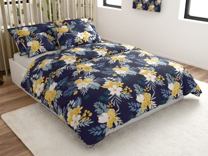 Povlečení z mikrovlákna FLOWERISH tmavě modré s květinovým vzorem