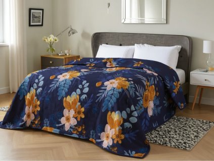 Tmavě modrý přehoz na postel FLOWERISH HEXAGON s květinovým vzorem