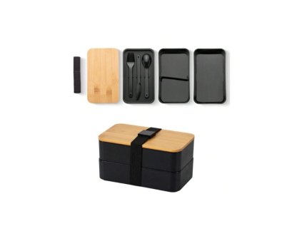 Svačinový box DUO LUNCH černý/bambus s příborem a dvěma přihrádkami