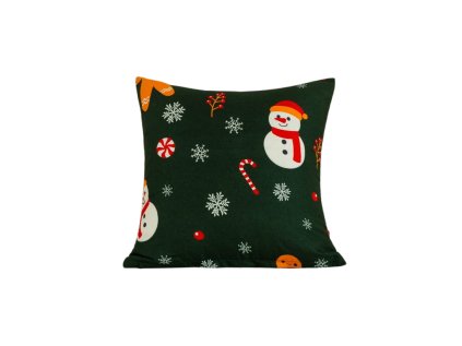 Zelený povlak SNĚHULÁK A PERNÍČEK 45x45 cm se sněhulákem a vločkami