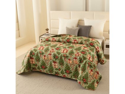 Přehoz na postel CHRISTMAS PRESENTS zelený s motivem vánočních dárků a stromků