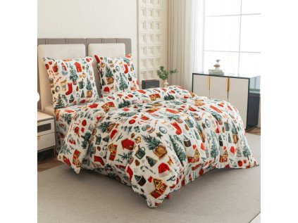 Povlečení mikroplyš FESTIVE MAGIC bílé s vánočními motivy