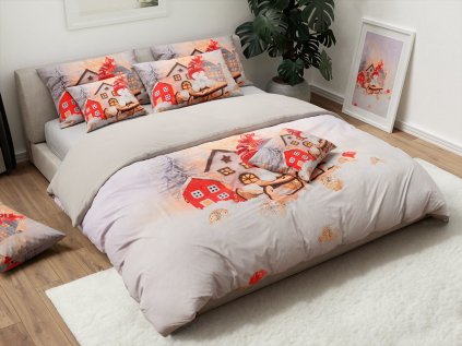 Zimní povlečení SNOWMAN ON A SLEIGH šedé s veselým sněhulákem na sáňkách