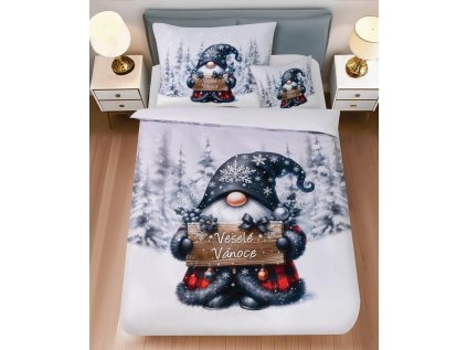 Bílé bavlněné povlečení JOLLY GNOME s vánočním skřítkem