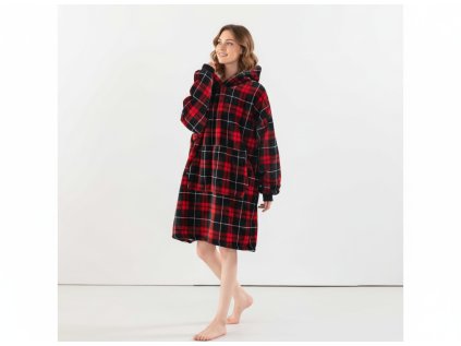 Teplá beránková mikinová deka ALBURY červená s kapucí a rukávy