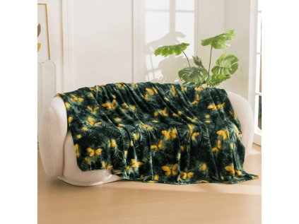 Mikroplyšová deka YELLOW BUTTERFLY tmavě zelená s motýlím vzorem