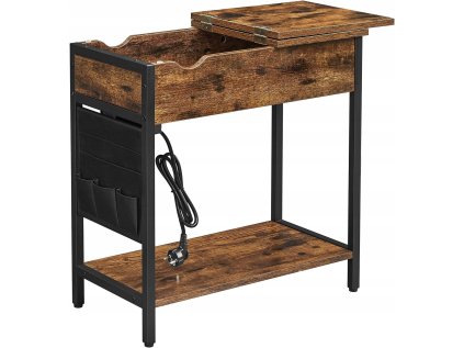Příruční stolek TAYLOR rustikálně hnědý s nabíječkami a kabelem 60x31,5 cm