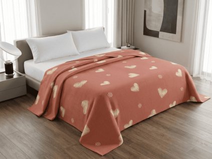 Růžový přehoz ORANGE HEART s béžovými srdci a kvítky