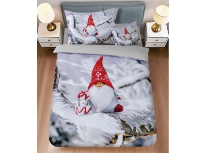 Světle šedlé bavlněné povlečení WINTER GNOME s vánočním skřítkem
