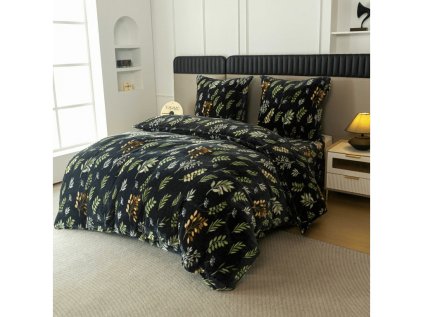 Elegantní mikroplyšové povlečení ZELNOIR černé s listovým motivem