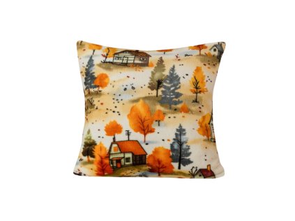 Barevný mikroplyšový povlak na polštářek AUTUMN VILLAGE 45x45 cm s podzimním motivem