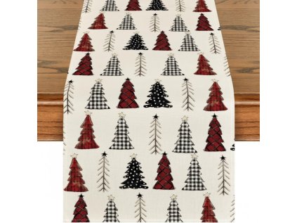 Lněný vánoční běhoun MERRY TREES 33x180 cm s červenými stromečky