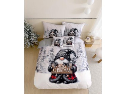 Bílé vánoční povlečení JOLLY GNOME z mikroflanelu s nápisem Merry Christmas